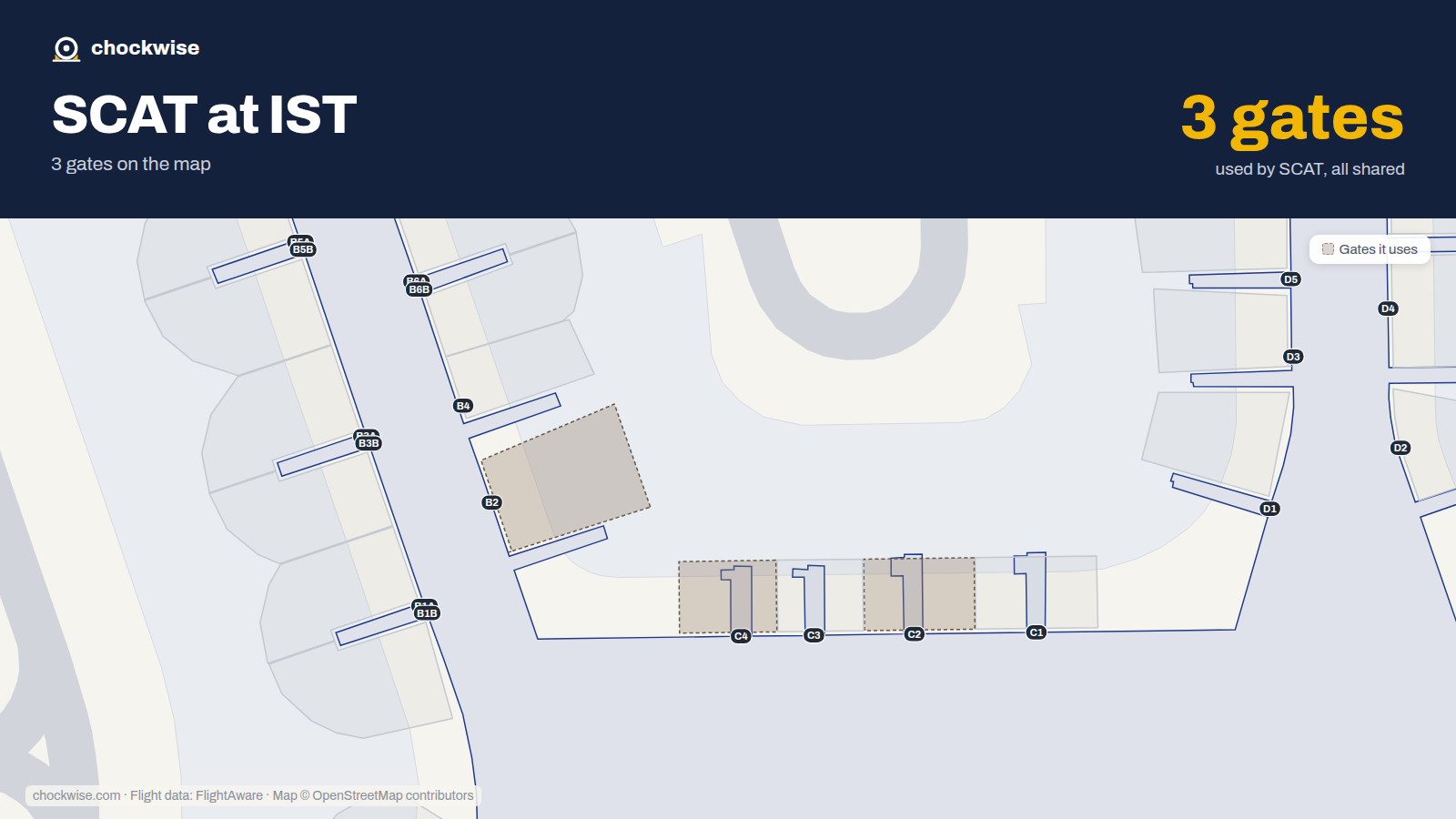 Map of IST with the gates SCAT Airlines uses highlighted: B2, C2 and C4.