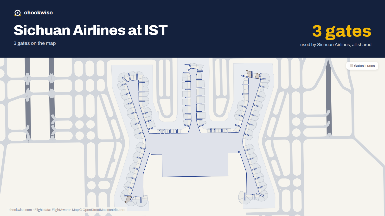 Map of IST with the gates Sichuan Airlines uses highlighted: A9, F15 and F17.