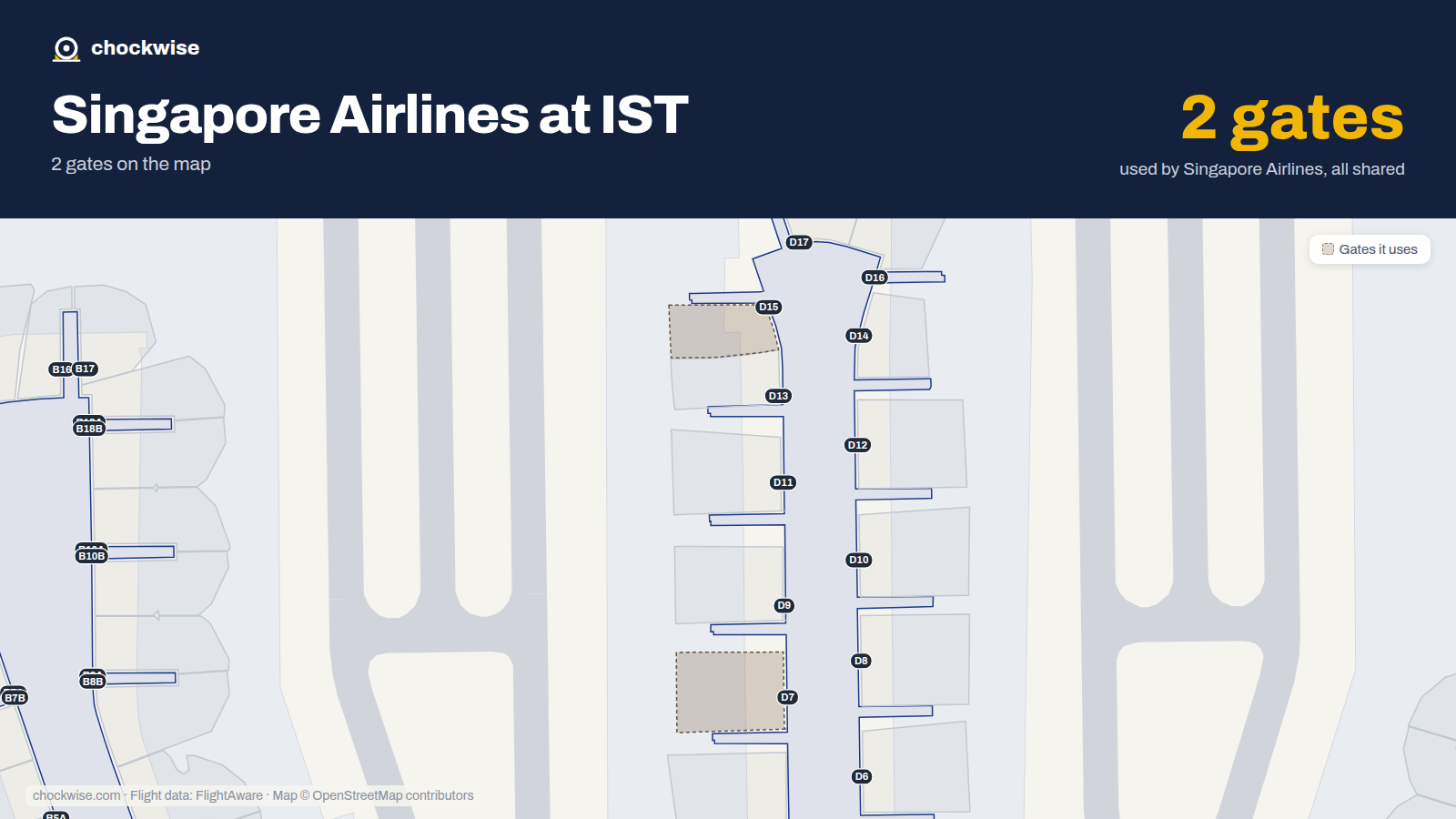 Map of IST with the gates Singapore Airlines uses highlighted: D7 and D15.