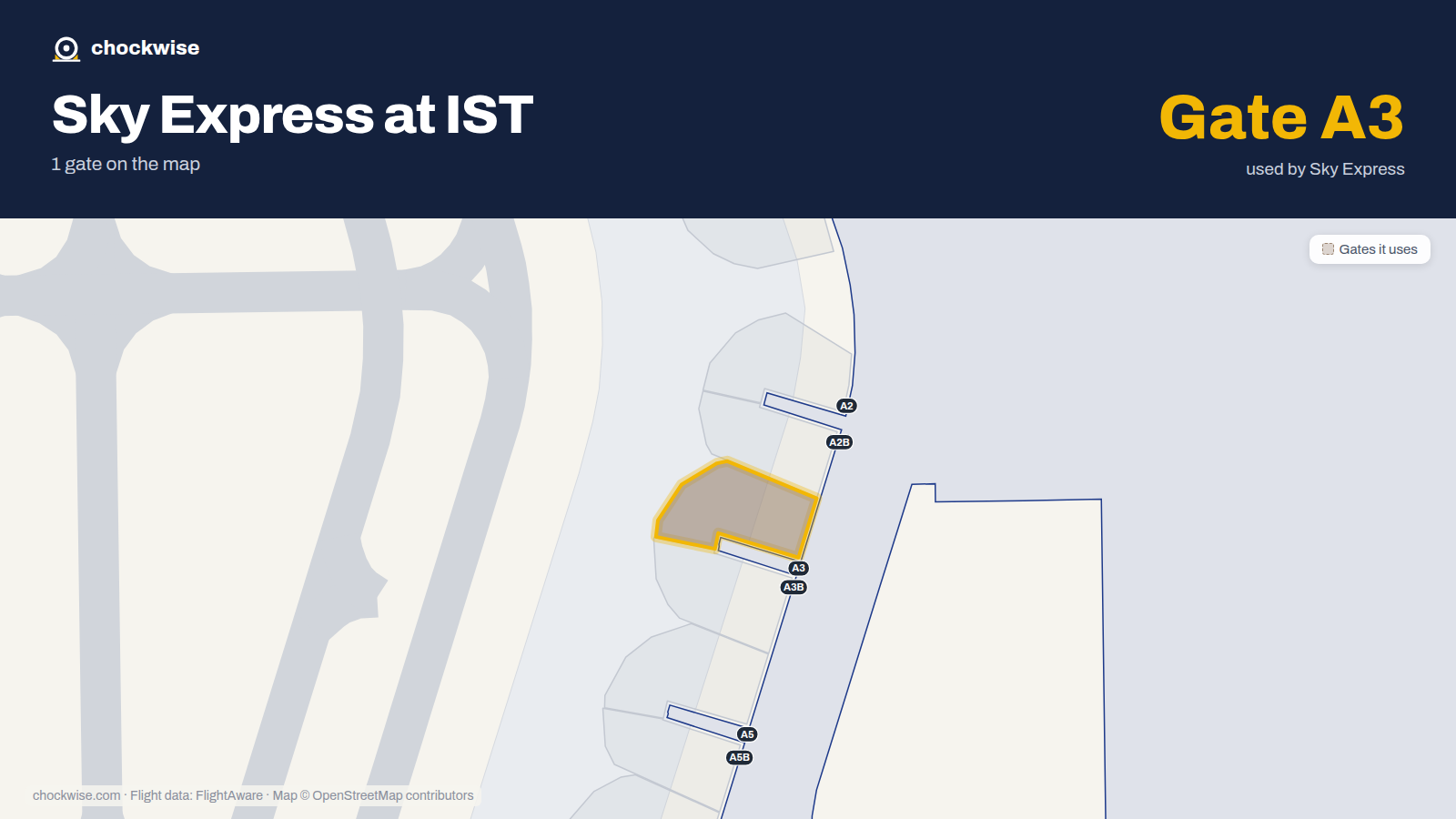 Map of IST with the gates Sky Express uses highlighted: A3.