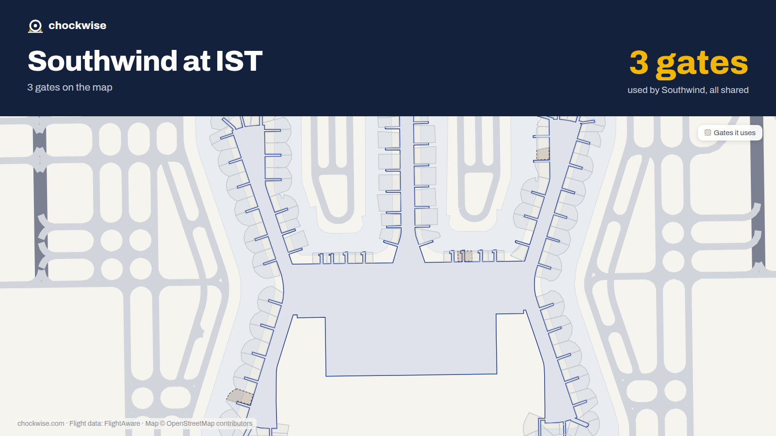 Map of IST with the gates Southwind Airlines uses highlighted: E2, A7 and F8B.