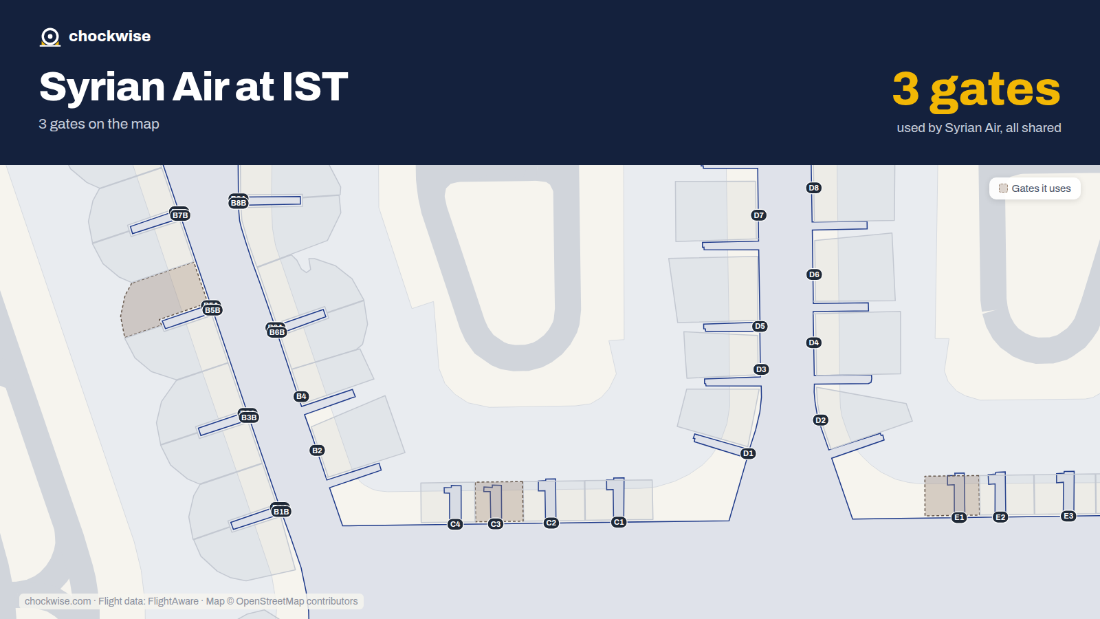 Map of IST with the gates Syrian Arab Airlines (Syrian Air) uses highlighted: E1, C3 and B5A.