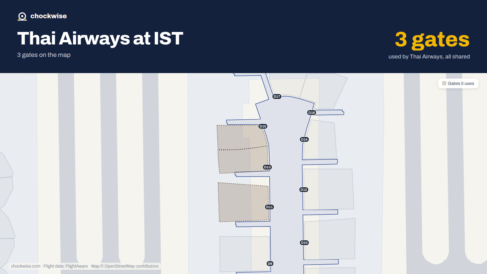 Map of IST with the gates Thai Airways uses highlighted: D11, D13 and D15.