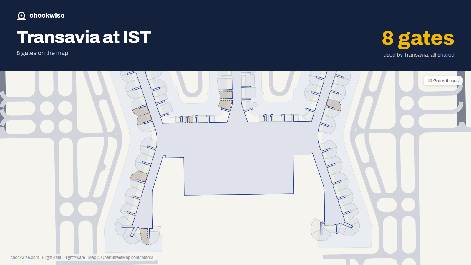 Map of IST with the gates Transavia France uses highlighted: B1A, D1, B3B, C3, D3, F3B, A5 and A10B.