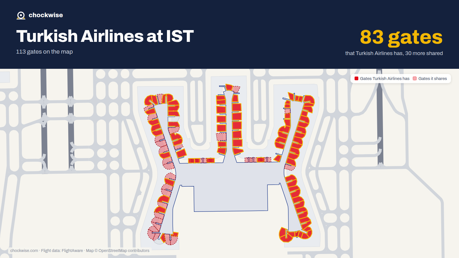 Map of IST with the gates Turkish Airlines uses highlighted: C1, D1, F1B, A2B, B2, D2, F2, G2 and 75 more.