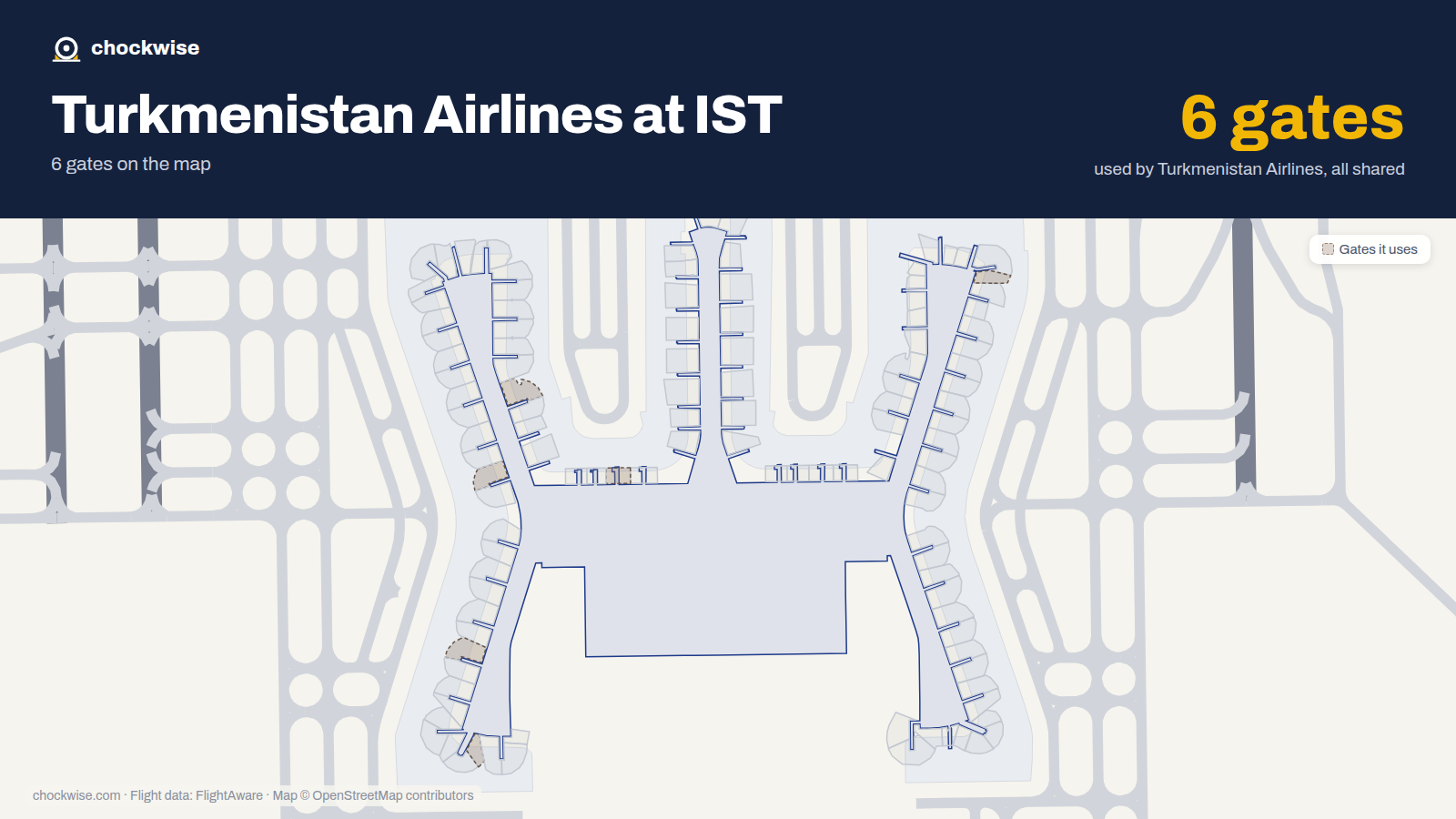 Map of IST with the gates Turkmenistan Airlines uses highlighted: B1A, C2, A6, B6A, A10 and F19.