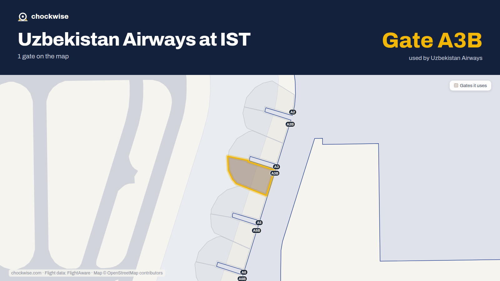 Map of IST with the gates Uzbekistan Airways uses highlighted: A3B.