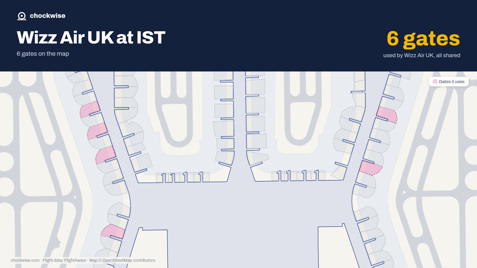 Map of IST with the gates Wizz Air UK uses highlighted: A3, B3A, F3, B5A, B7A and F7B.