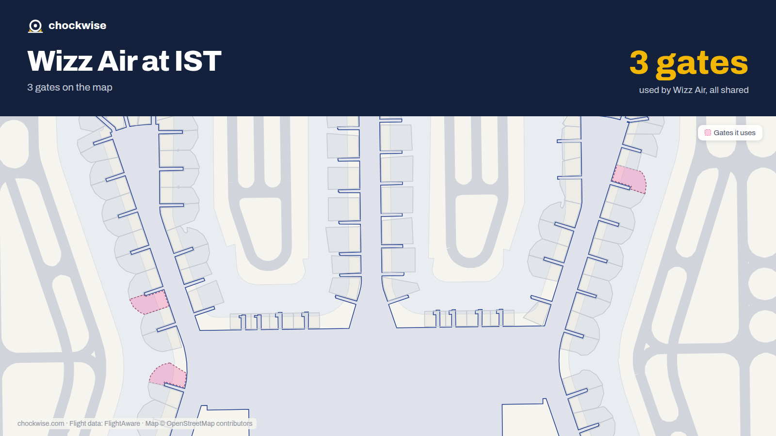 Map of IST with the gates Wizz Air uses highlighted: A2, B3B and F9B.