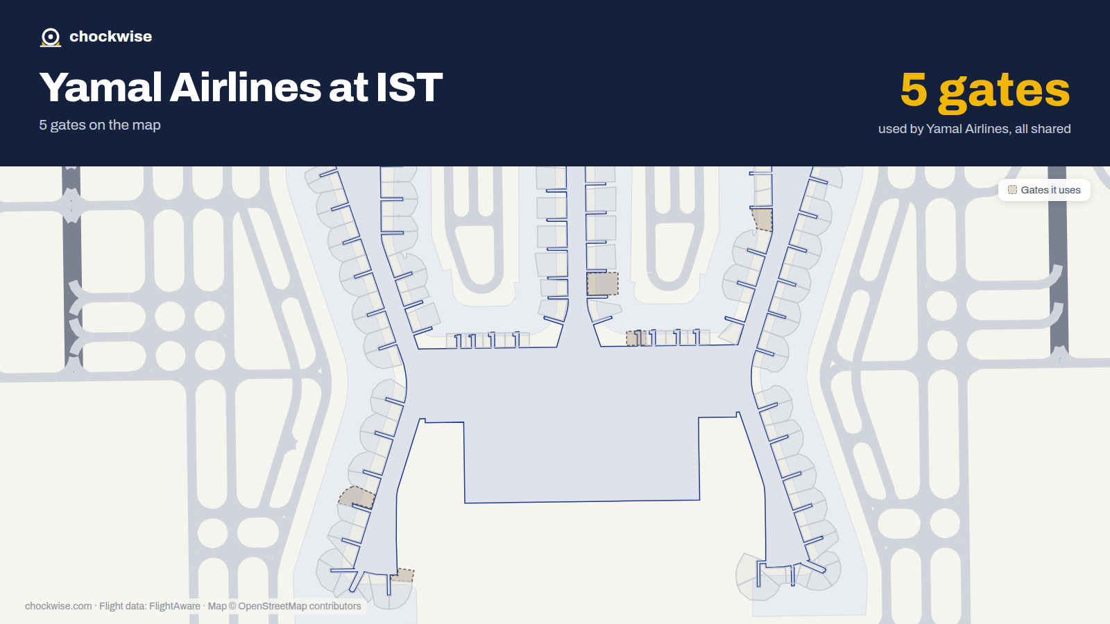 Map of IST with the gates Yamal Airlines uses highlighted: E1, D4, A6, F8 and A11.