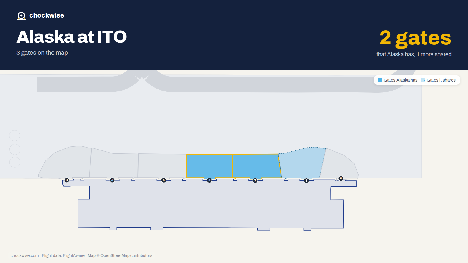Map of ITO with the gates Alaska Airlines uses highlighted: 6 and 7.