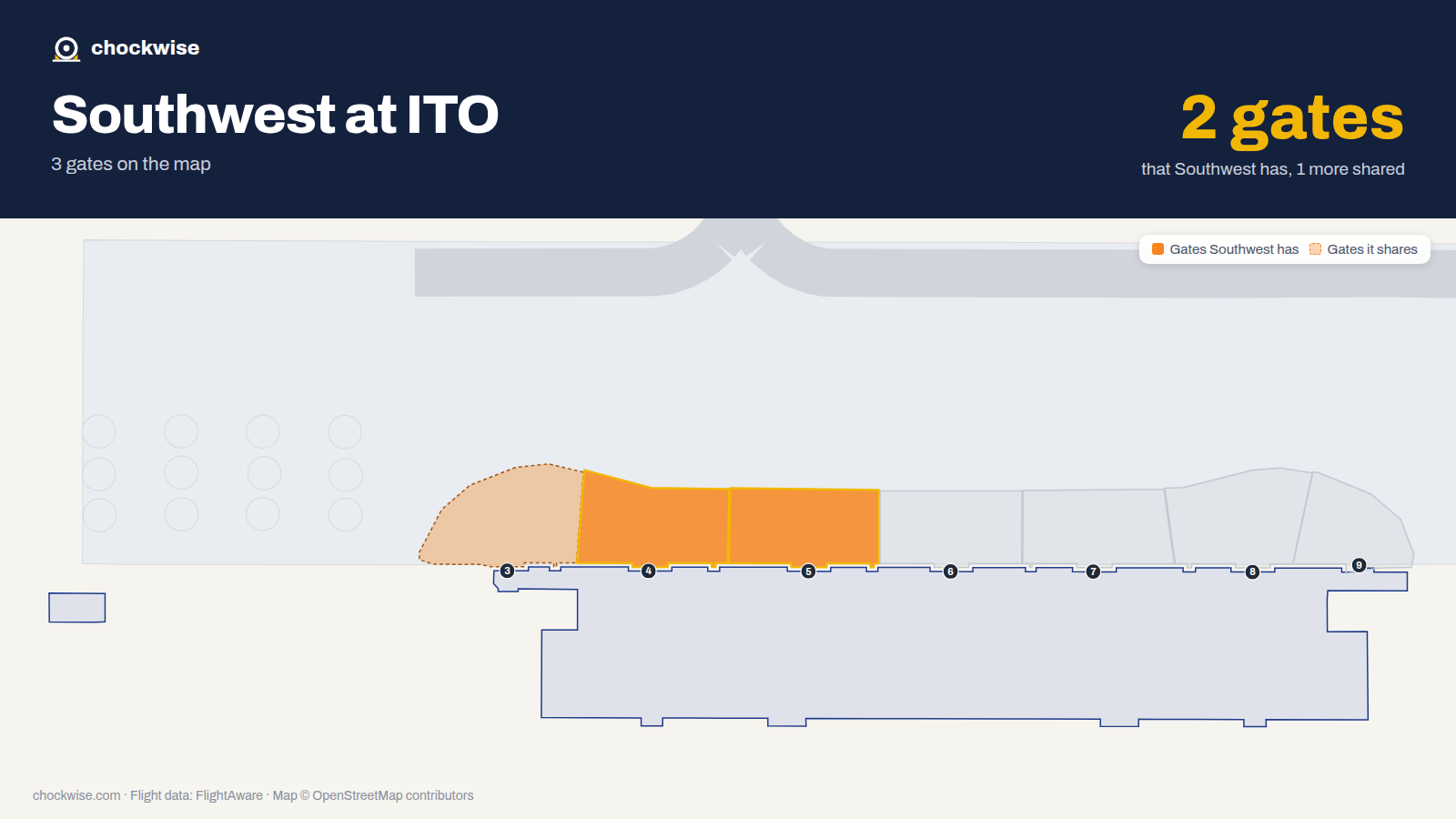 Map of ITO with the gates Southwest Airlines uses highlighted: 4 and 5.