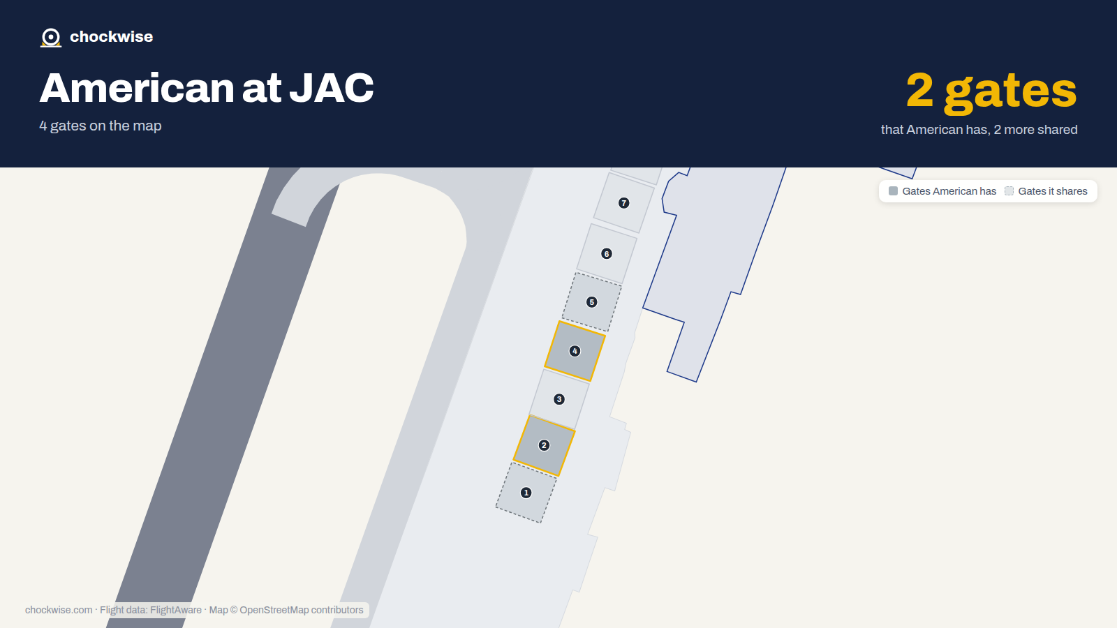 Map of JAC with the gates American Airlines uses highlighted: 2 and 4.