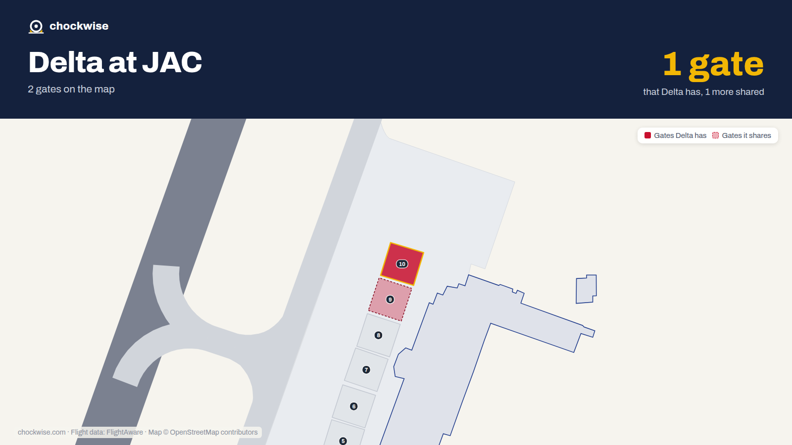 Map of JAC with the gates Delta Air Lines uses highlighted: 10.