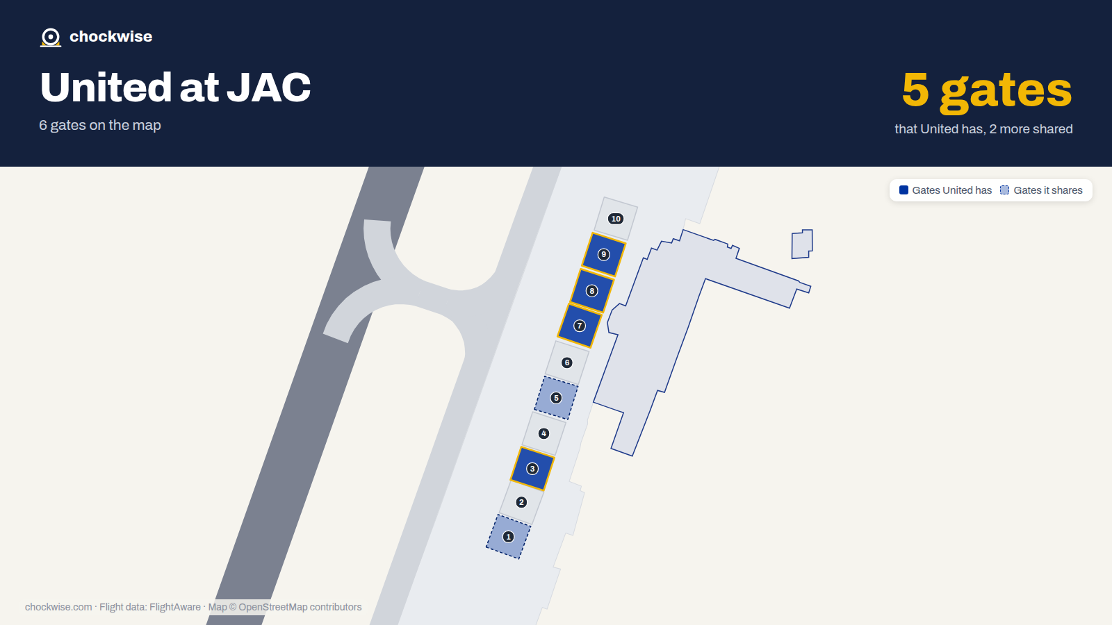 Map of JAC with the gates United Airlines uses highlighted: 3, 7, 8 and 9.