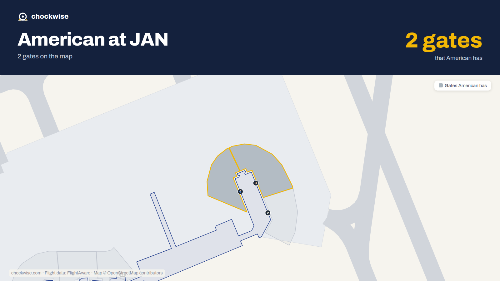 Map of JAN with the gates American Airlines uses highlighted: 3 and 4.