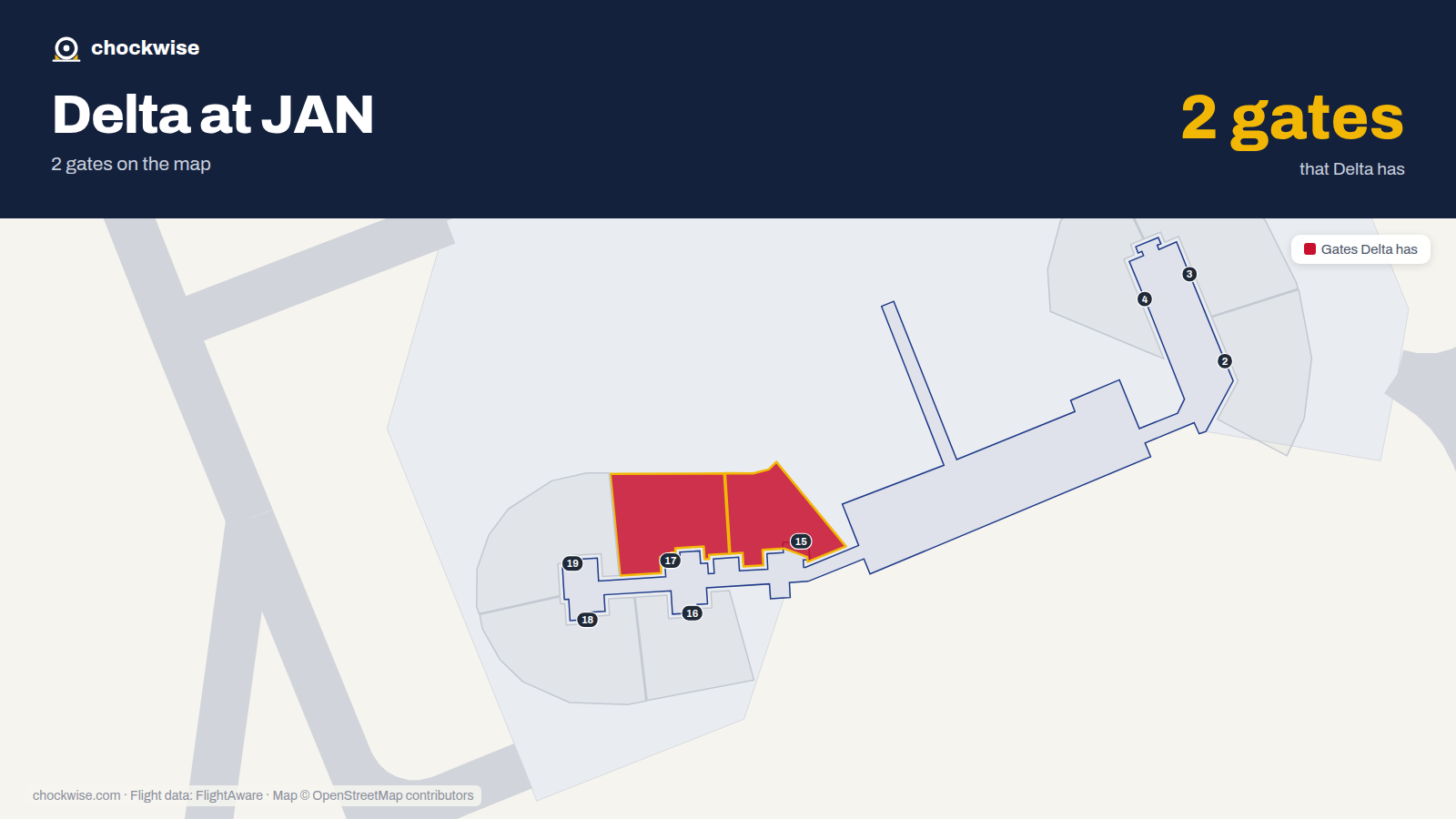Map of JAN with the gates Delta Air Lines uses highlighted: 15 and 17.