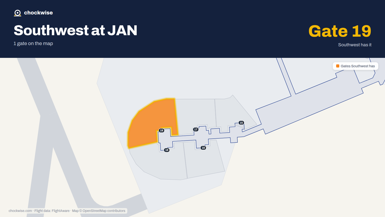 Map of JAN with the gates Southwest Airlines uses highlighted: 19.
