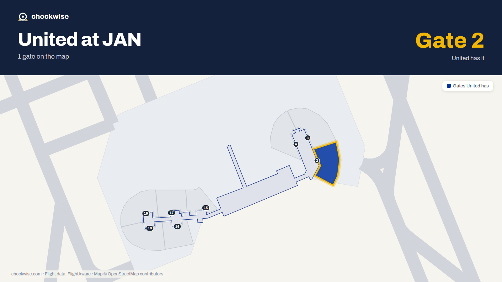 Map of JAN with the gates United Airlines uses highlighted: 2.