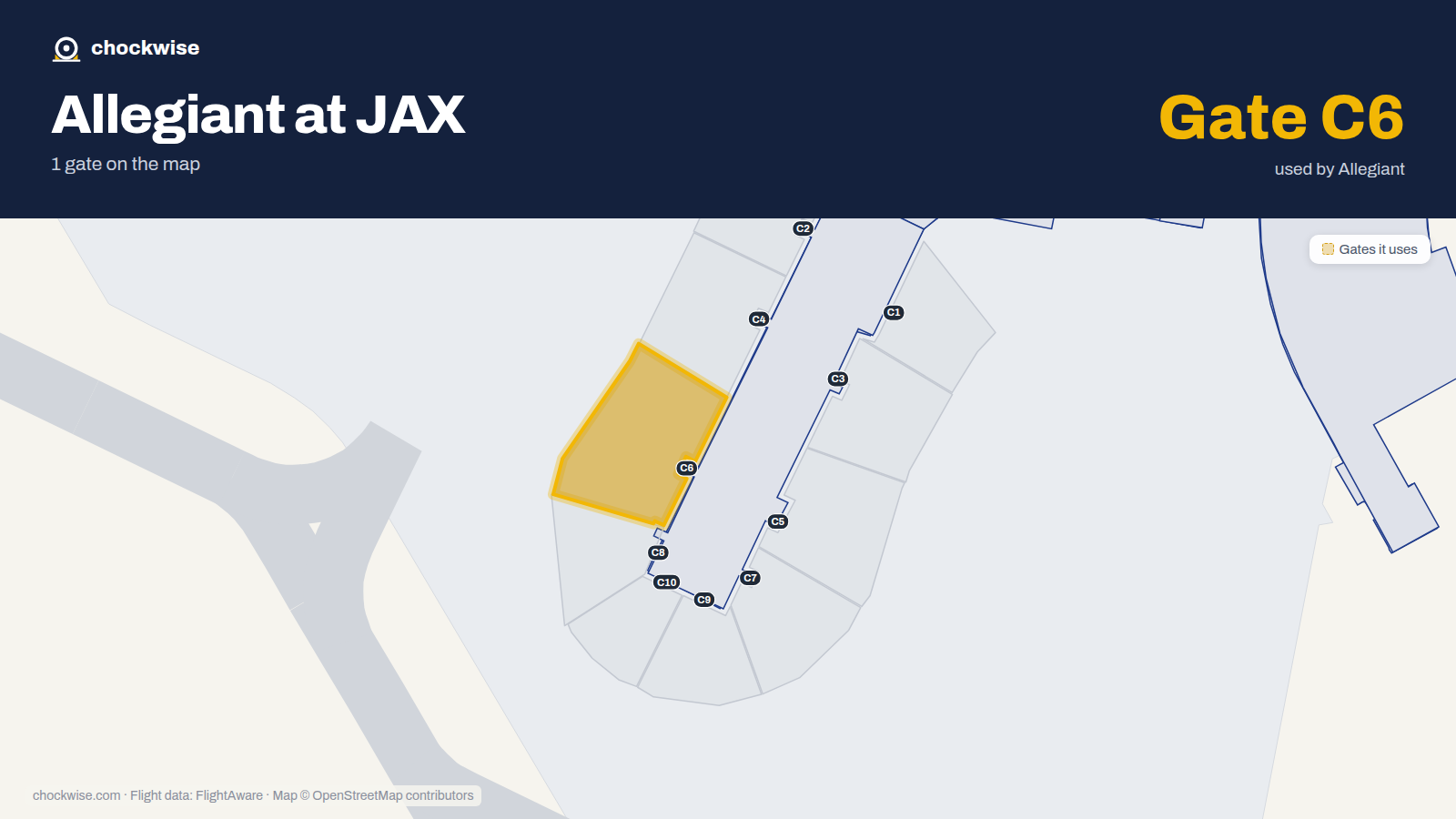 Map of JAX with the gates Allegiant Air uses highlighted: C6.