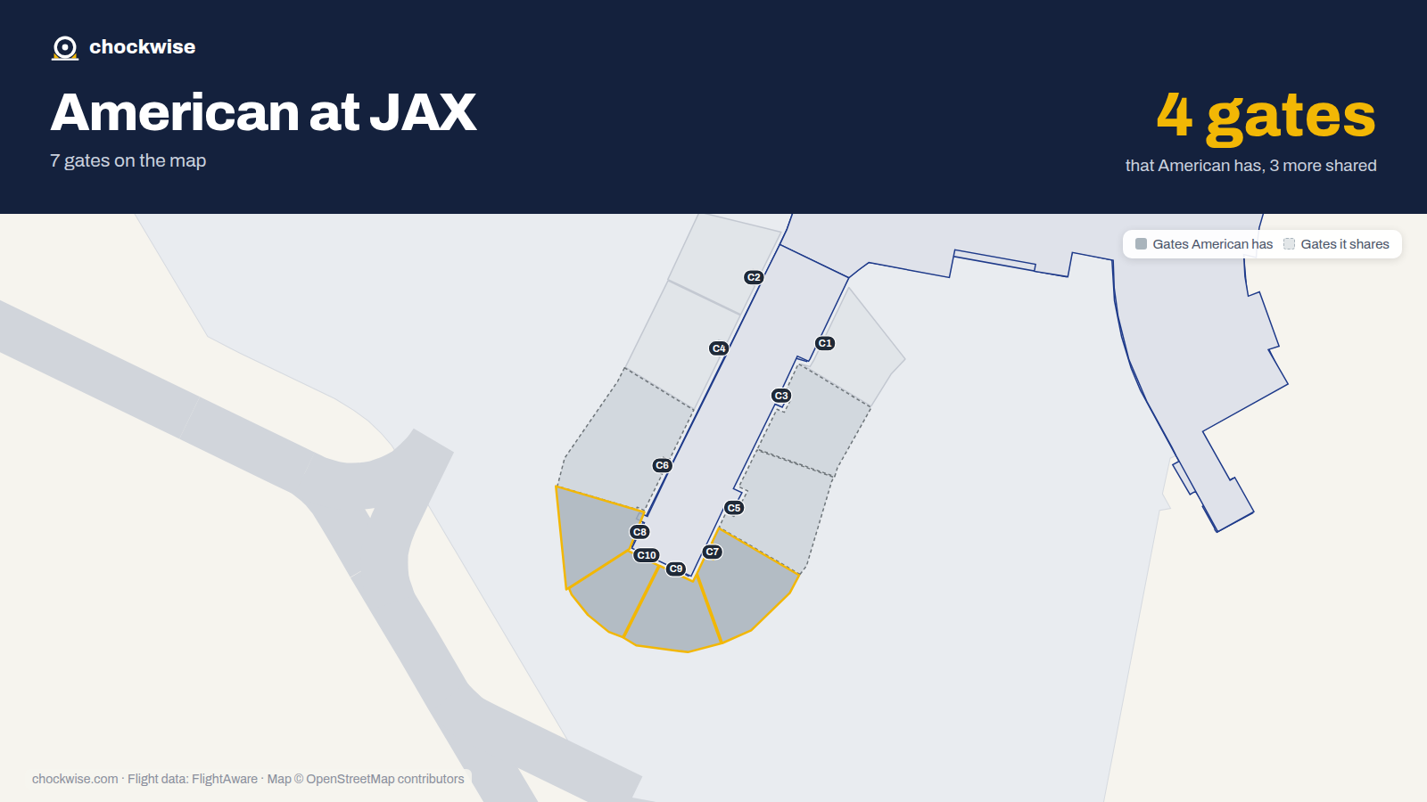 Map of JAX with the gates American Airlines uses highlighted: C7, C8, C9 and C10.