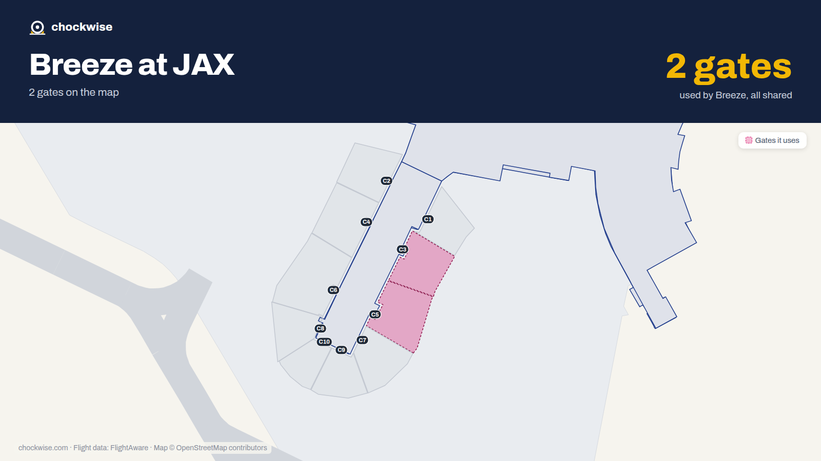 Map of JAX with the gates Breeze Airways uses highlighted: C3 and C5.