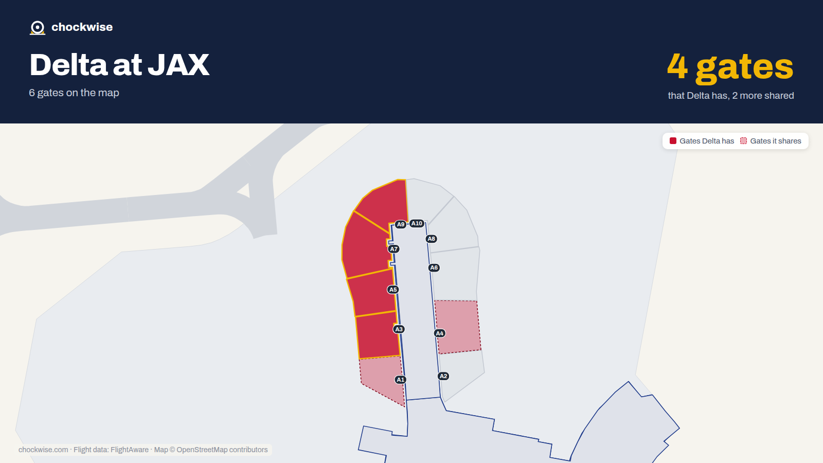 Map of JAX with the gates Delta Air Lines uses highlighted: A3, A5, A7 and A9.