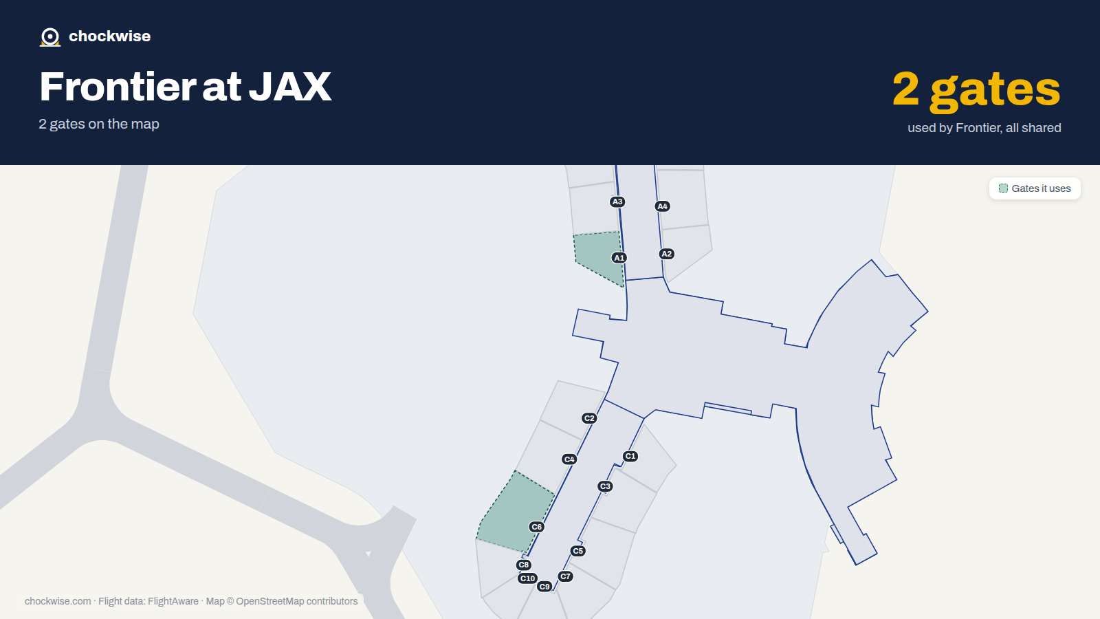 Map of JAX with the gates Frontier Airlines uses highlighted: A1 and C6.