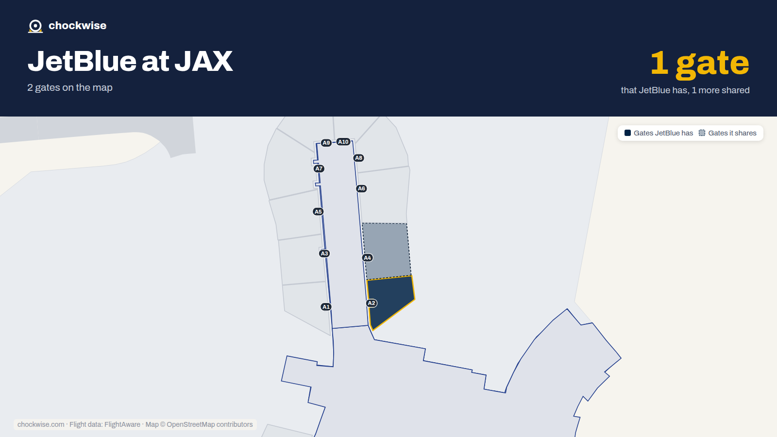 Map of JAX with the gates JetBlue uses highlighted: A2.