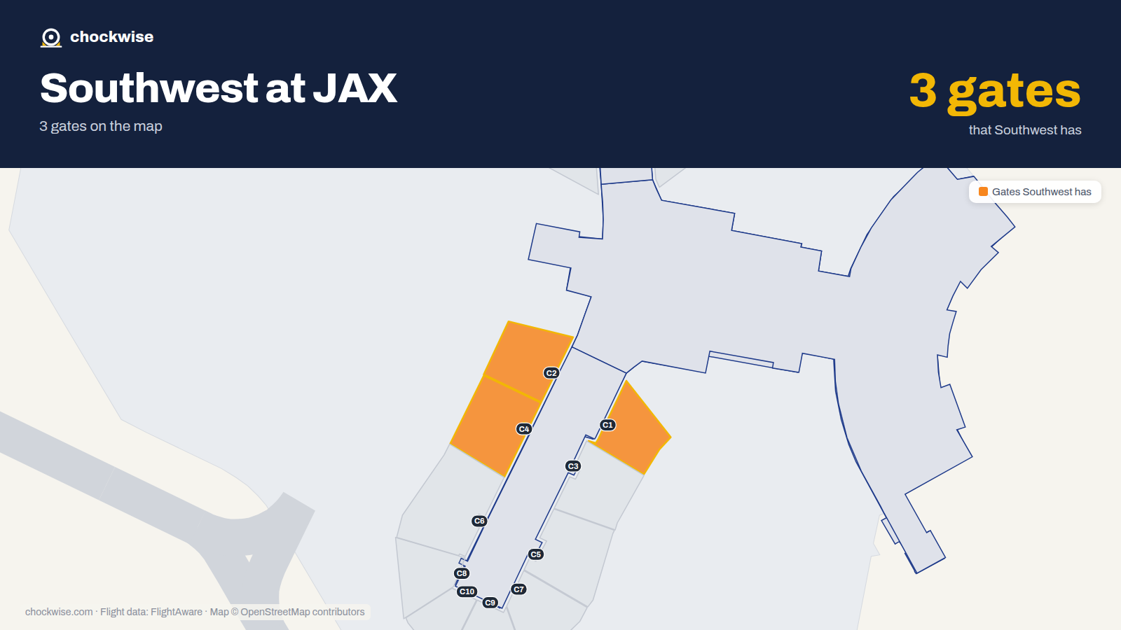 Map of JAX with the gates Southwest Airlines uses highlighted: C1, C2 and C4.