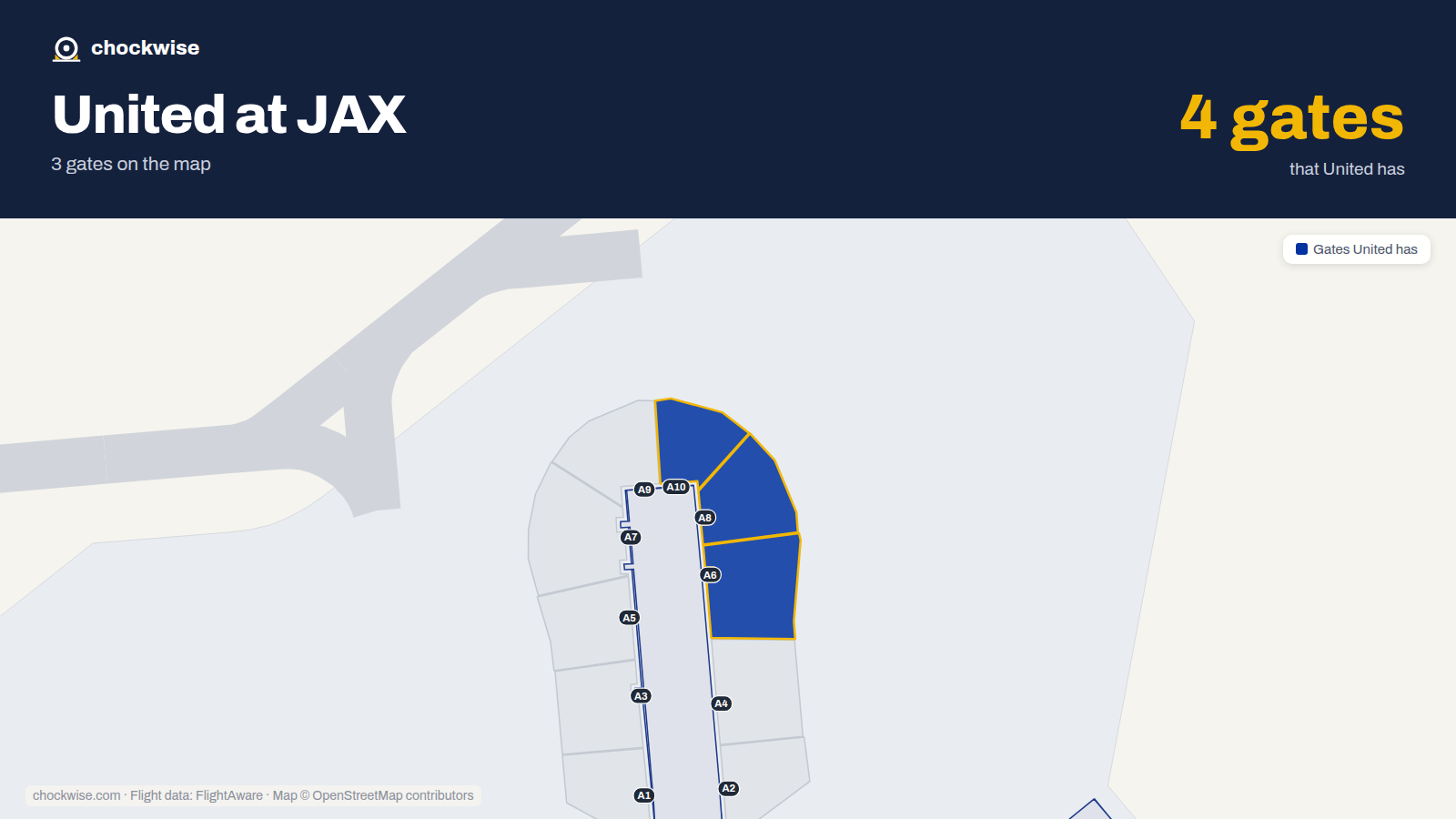 Map of JAX with the gates United Airlines uses highlighted: A6, A8 and A10.