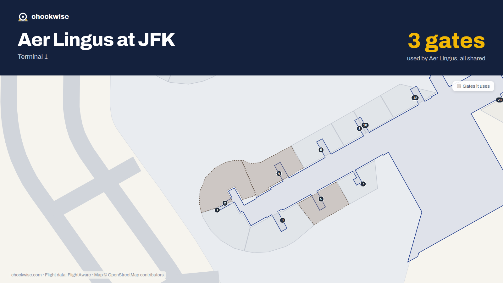 Map of JFK with the gates Aer Lingus uses highlighted: 2, 4 and 5.