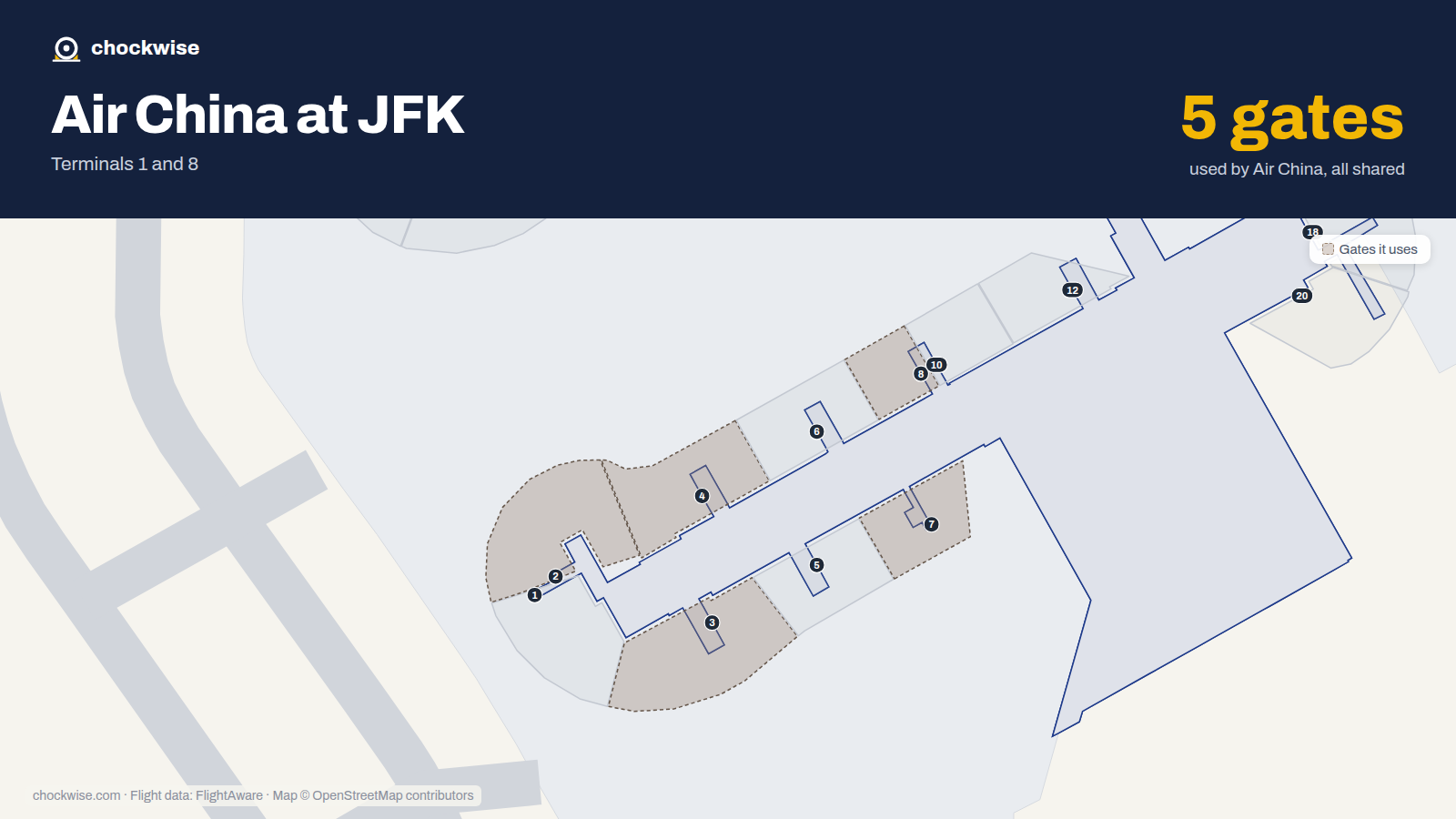 Map of JFK with the gates Air China uses highlighted: 2, 3, 4, 7 and 8.