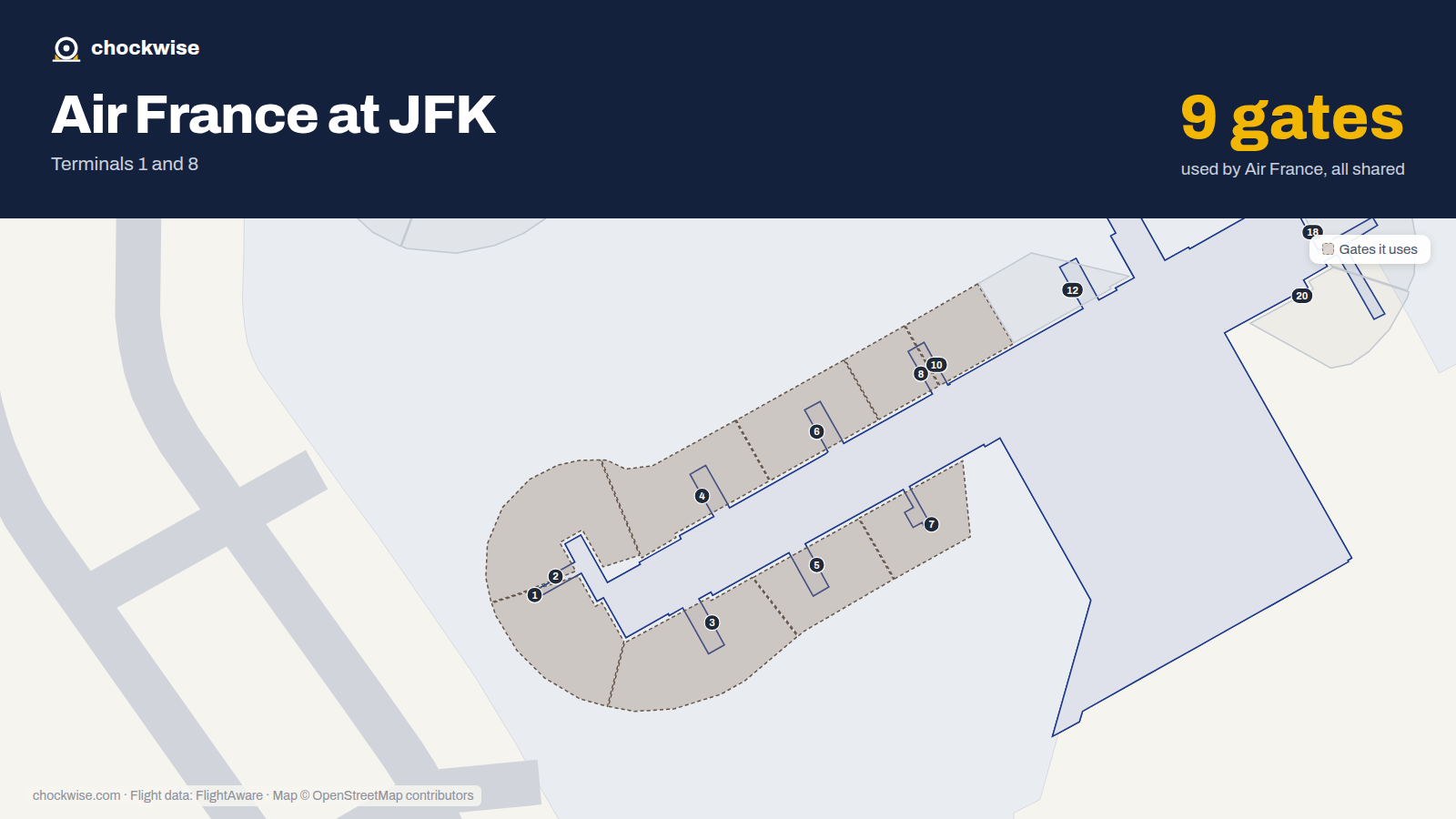 Map of JFK with the gates Air France uses highlighted: 1, 2, 3, 4, 5, 6, 7, 8 and 1 more.