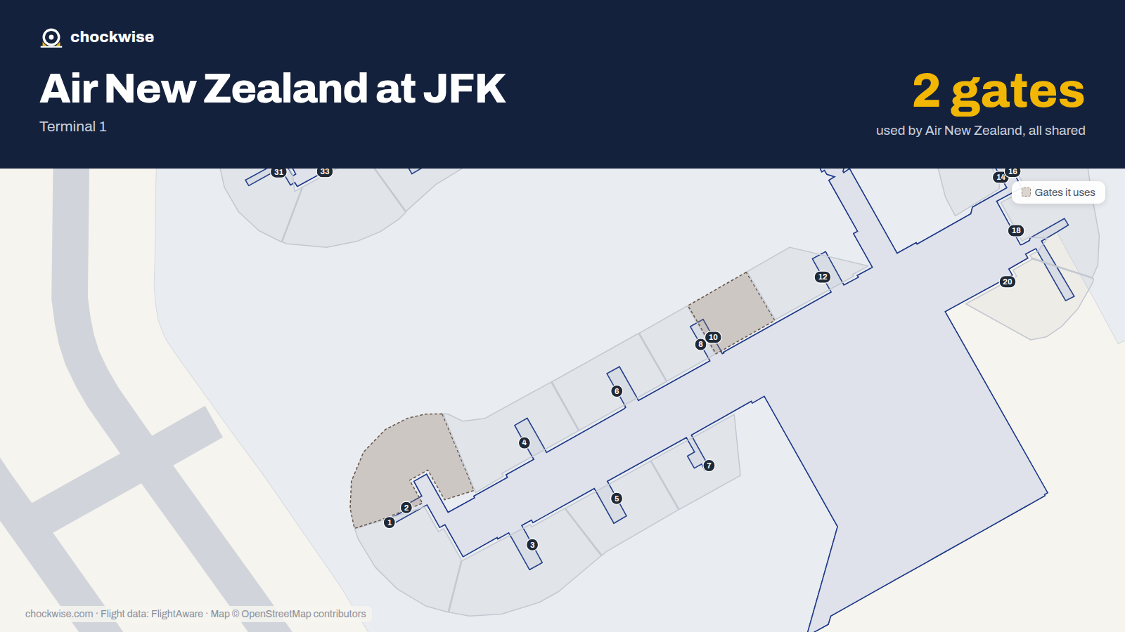 Map of JFK with the gates Air New Zealand uses highlighted: 2 and 10.