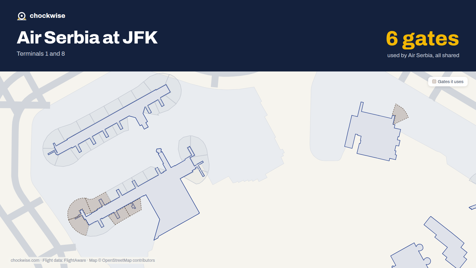 Map of JFK with the gates Air Serbia uses highlighted: 1, 2, 4, 5, 7 and 9.