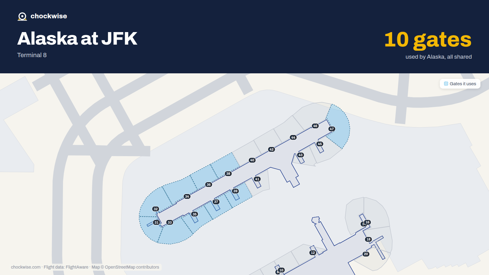 Map of JFK with the gates Alaska Airlines uses highlighted: 31, 32, 33, 34, 35, 36, 37, 38 and 2 more.