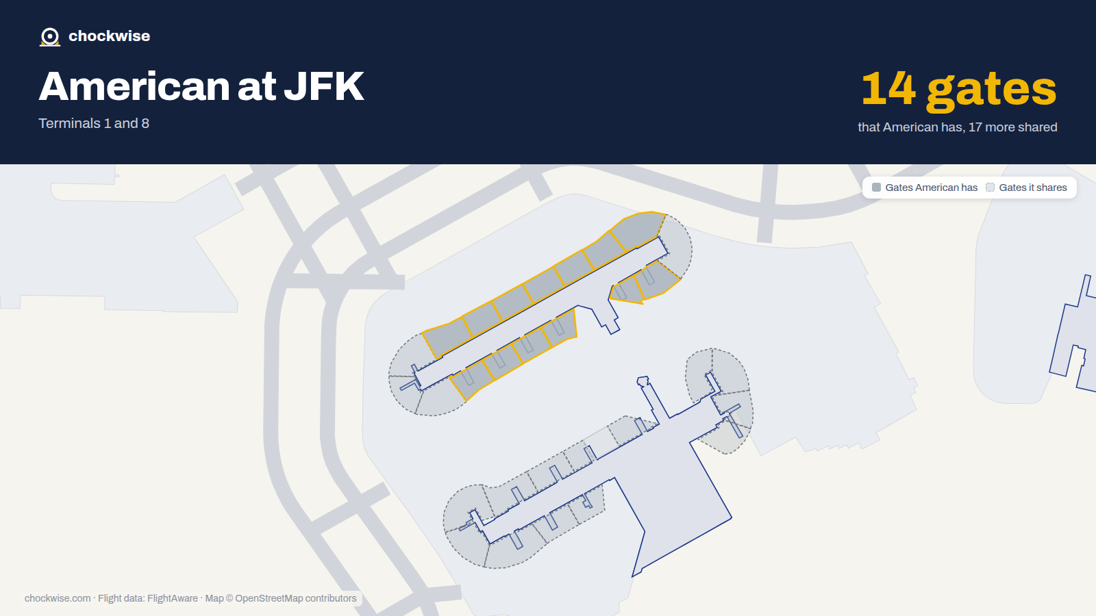 Map of JFK with the gates American Airlines uses highlighted: 34, 35, 36, 37, 38, 39, 40, 41 and 5 more.