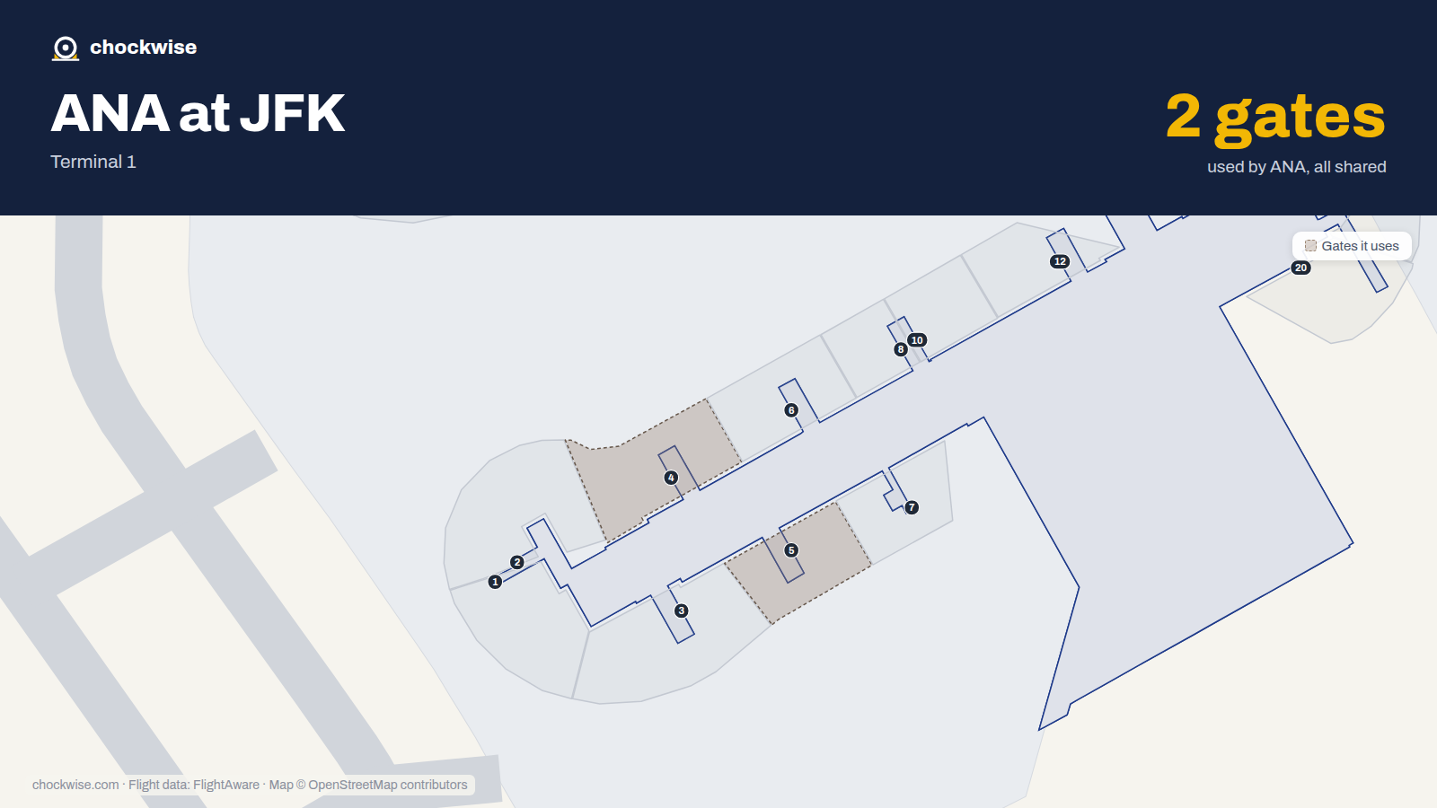 Map of JFK with the gates All Nippon Airways (ANA) uses highlighted: 4 and 5.