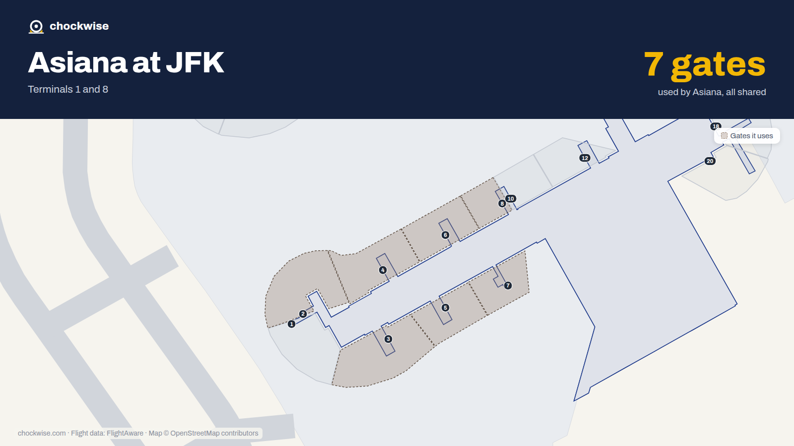 Map of JFK with the gates Asiana Airlines uses highlighted: 2, 3, 4, 5, 7 and 8.
