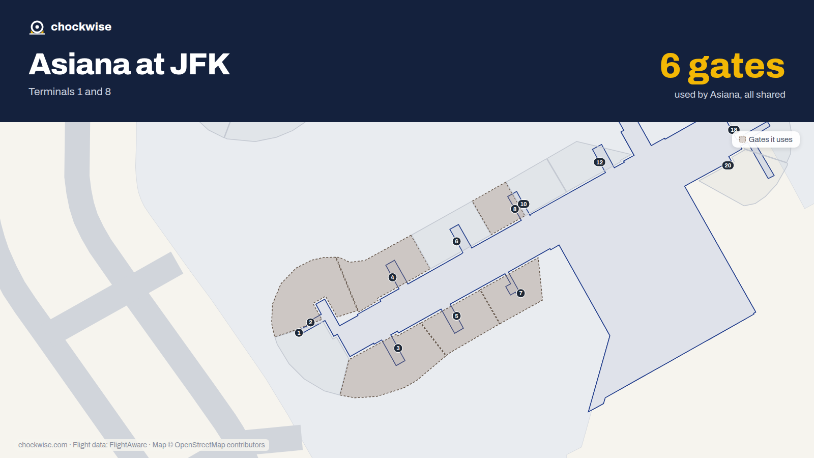 Map of JFK with the gates Asiana Airlines uses highlighted: 2, 3, 4, 5, 7 and 8.