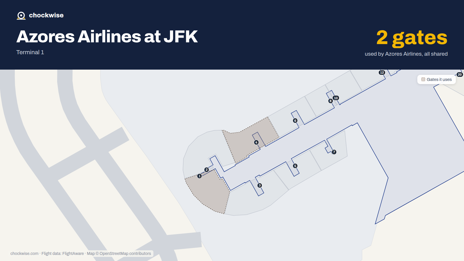 Map of JFK with the gates Azores Airlines uses highlighted: 1 and 4.