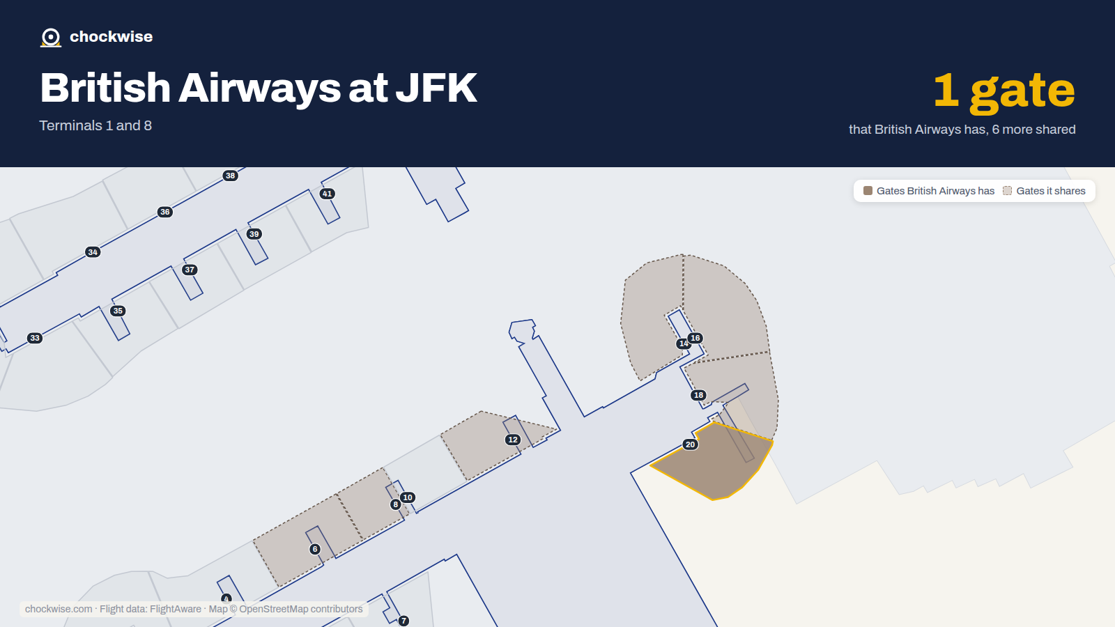 Map of JFK with the gates British Airways uses highlighted: 20.
