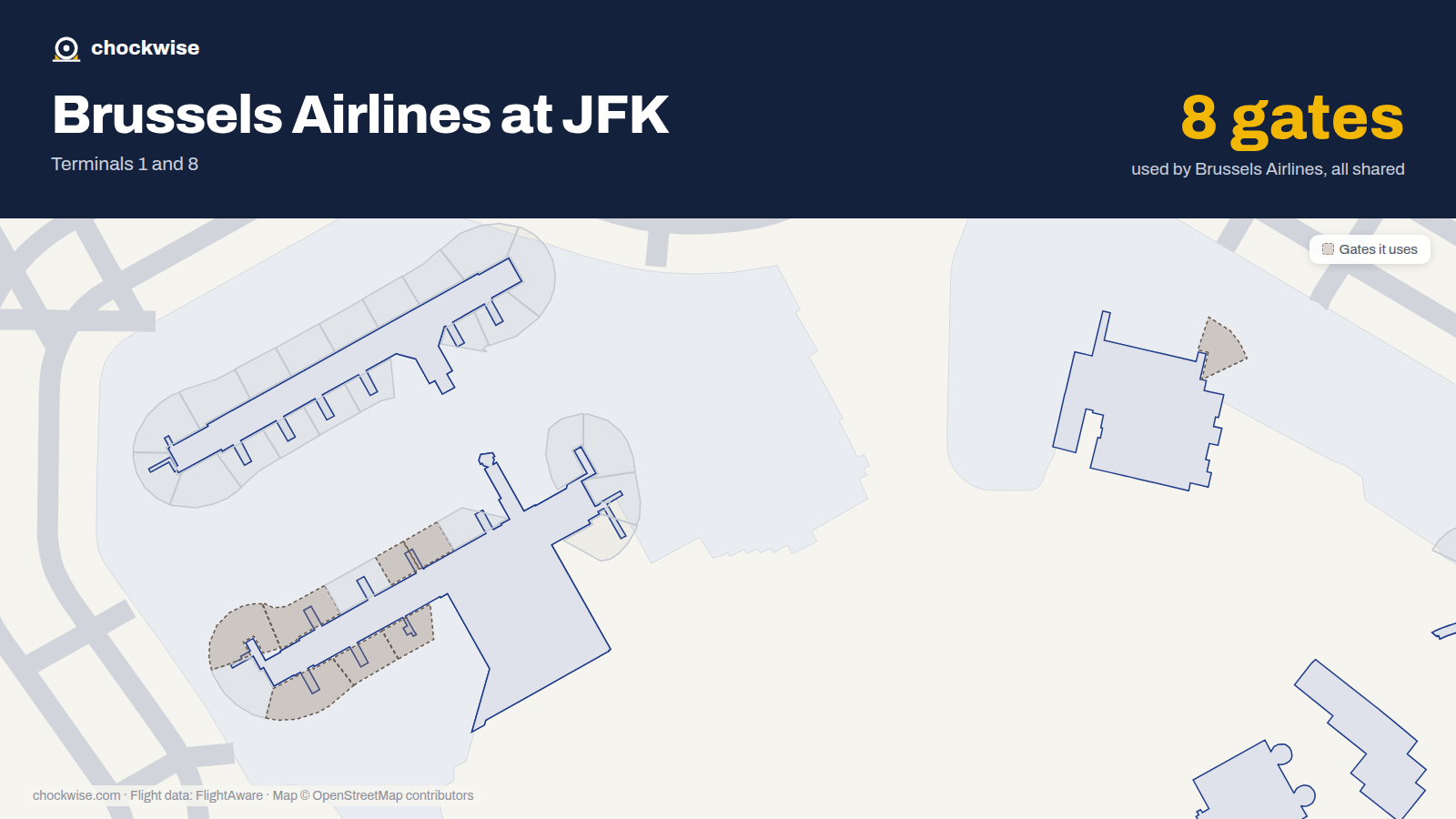 Map of JFK with the gates Brussels Airlines uses highlighted: 2, 3, 4, 5, 7, 8, 9 and 10.