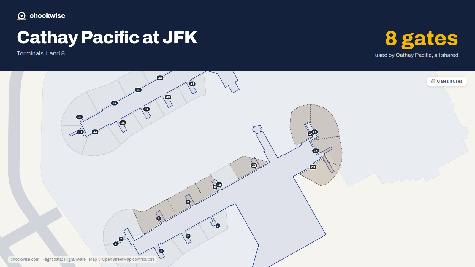 Map of JFK with the gates Cathay Pacific uses highlighted: 4, 6, 8, 12, 14, 16, 18 and 20.