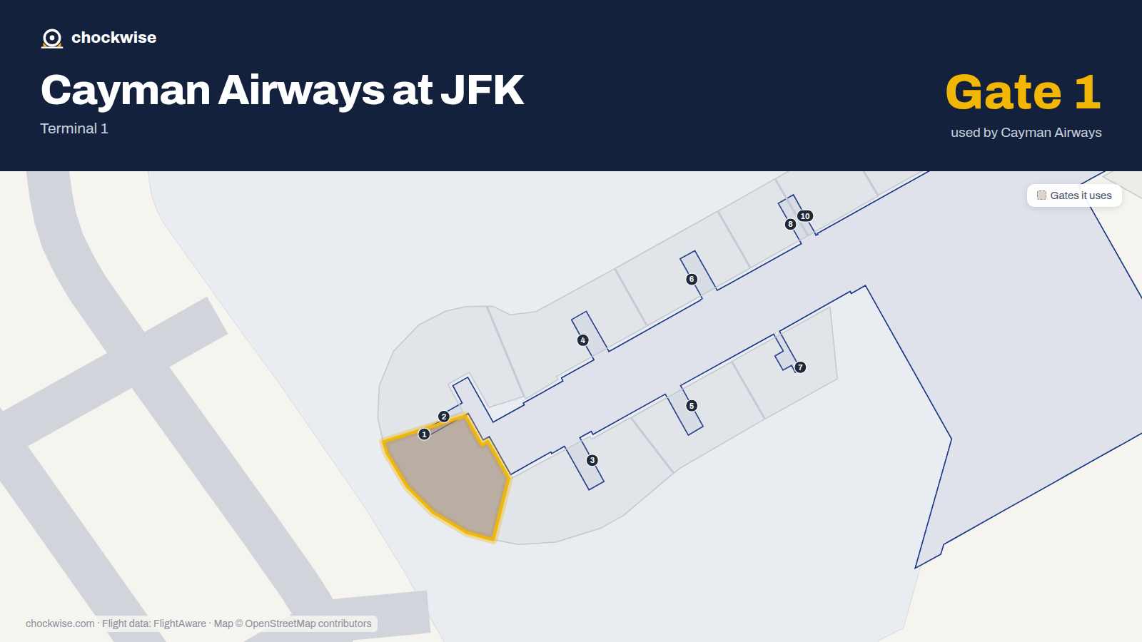 Map of JFK with the gates Cayman Airways uses highlighted: 1.