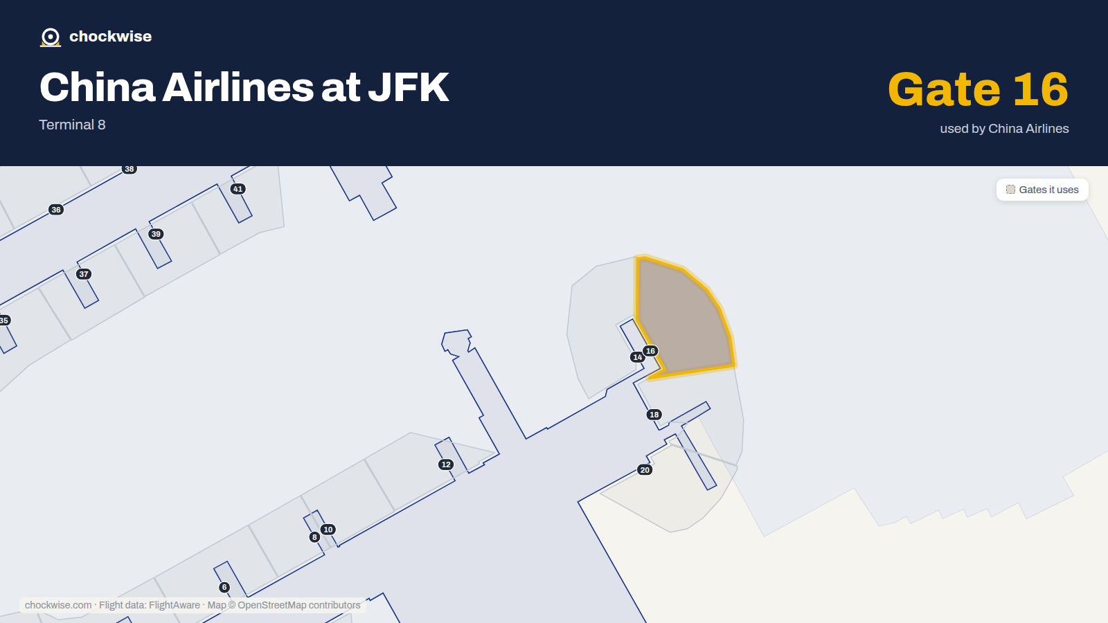 Map of JFK with the gates China Airlines uses highlighted: 16.