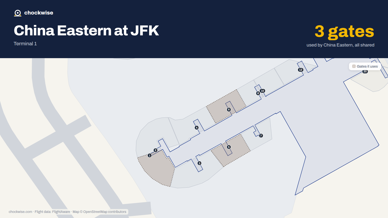 Map of JFK with the gates China Eastern uses highlighted: 1, 5 and 6.