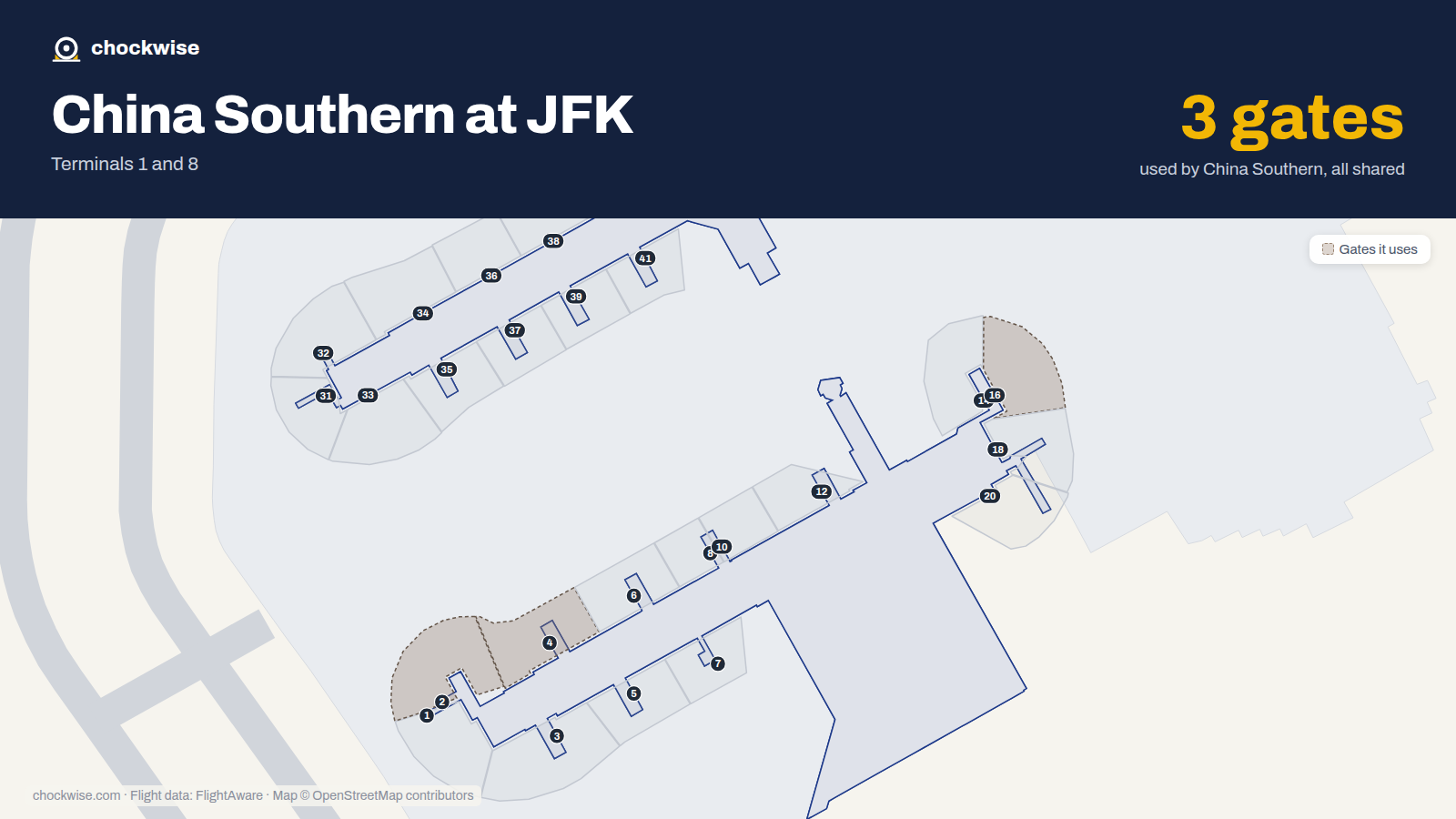 Map of JFK with the gates China Southern uses highlighted: 2, 4 and 16.