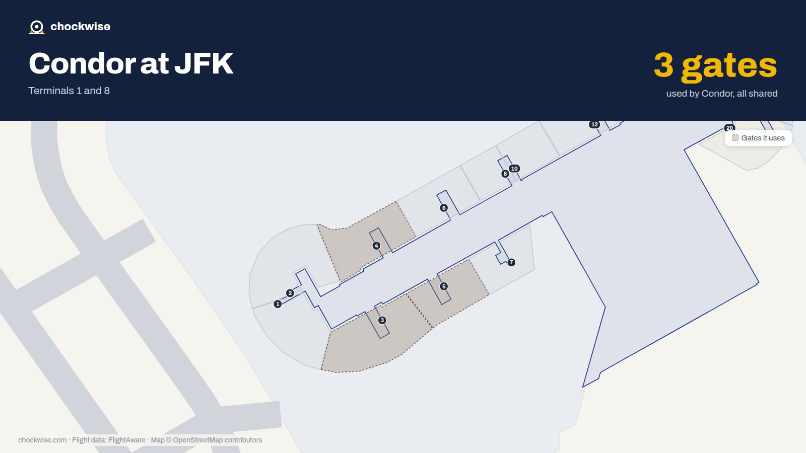 Map of JFK with the gates Condor uses highlighted: 3, 4 and 5.